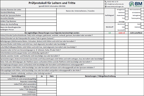 Wesel – Prüfprotokoll einer Leiterprüfung nach DGUV 208-016
