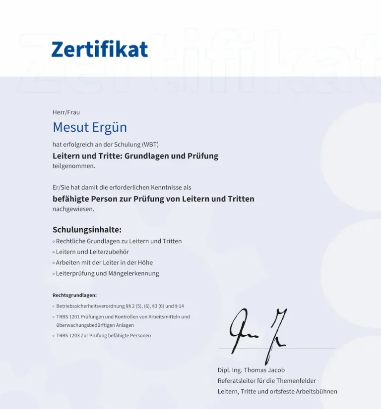 Zertifikat Leiterschulung BGHW – geprüfte Qualifikation für Steighilfen