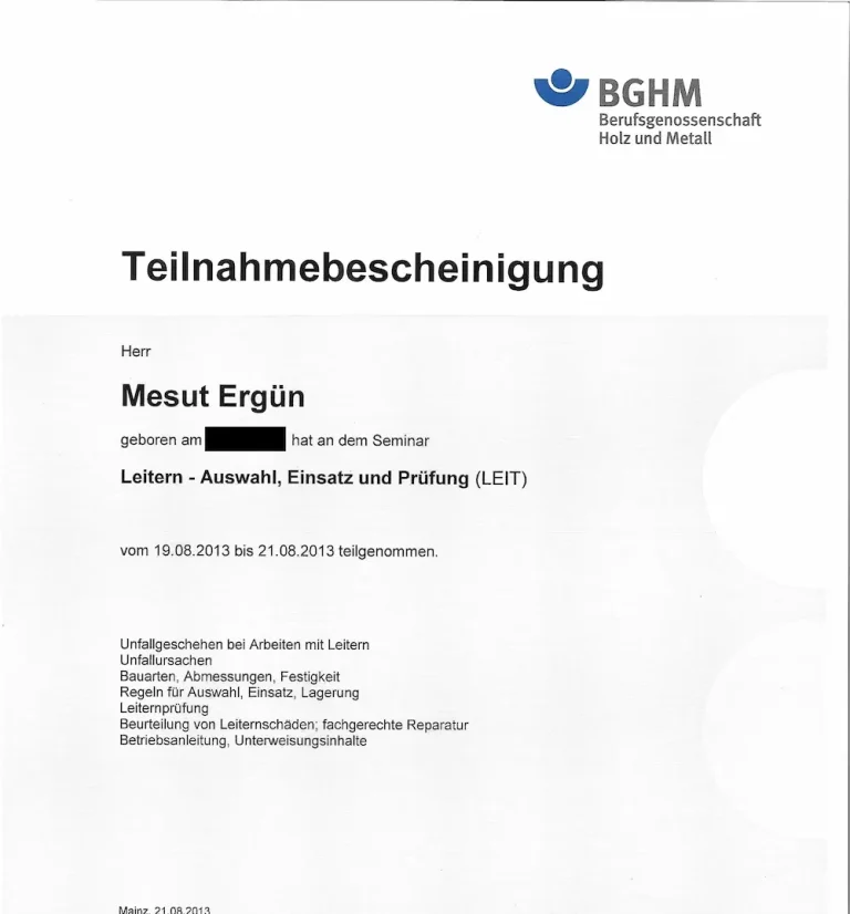 Teilnahmebescheinigung Leiterseminar BGHM – Qualifikation für Leiterprüfungen