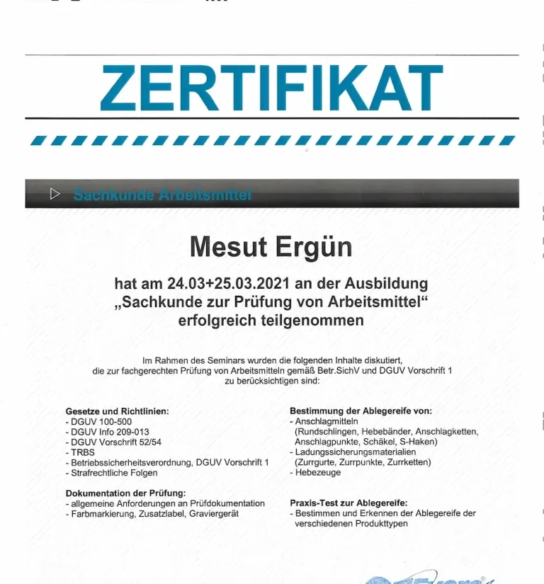 Zertifikat Anschlagmittelprüfung – Fachkenntnisse für Betriebsmittelprüfungen